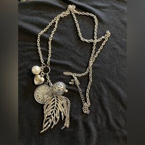 Avenue Silver-Tone Multi Charm Necklace with Pearl and Leaf Tassel
